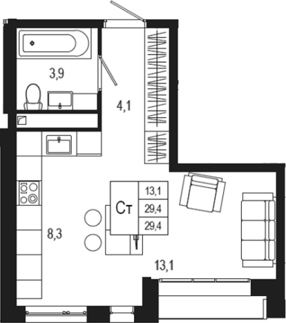 Купить Студию в Подольске. Вариант № 120388, 0, площадь -  квм, цена 7208800 рублей