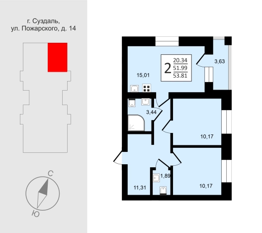 . Вариант № 165076, 1, площадь - 53.81 квм, цена 8297502 рублей