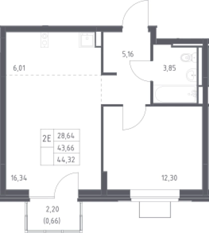 . Вариант № 2640321, 1, площадь - 44.32 квм, цена 8325247 рублей