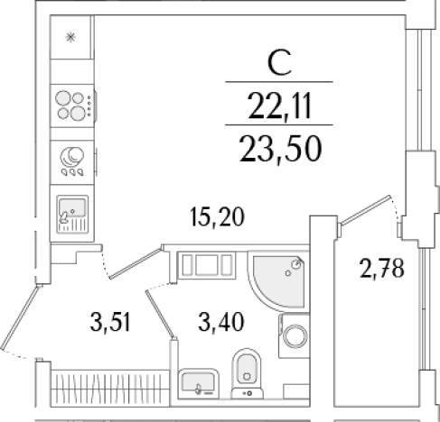 . Вариант № 6258393, 0, площадь - 22.11 квм, цена 9524676 рублей