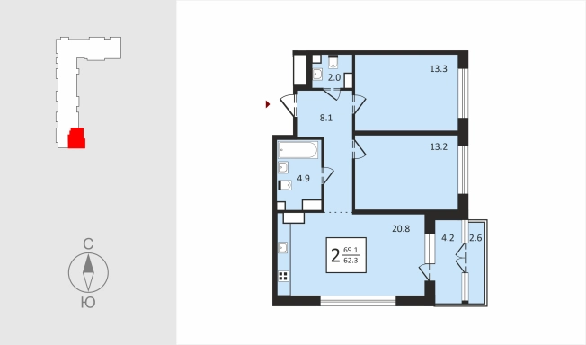 Купить двухкомнатную квартиру в новостройках в ЖК Квартал Новаторов в Владимире. Вариант № 130586, 1, площадь -  квм, цена 6909080 рублей