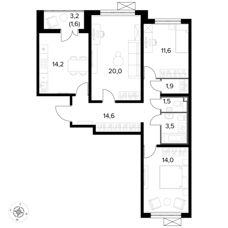 Купить трехкомнатную квартиру у метро Битца в Видном. Вариант № 9838557, 0, площадь -  квм, цена 23929200 рублей