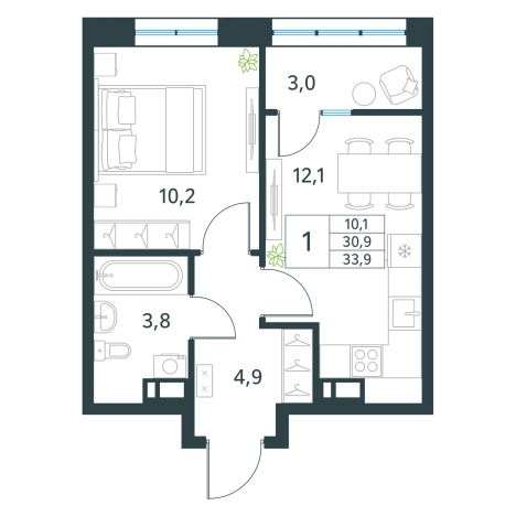 . Вариант № 153674, 0, площадь - 33.9 квм, цена 6508800 рублей