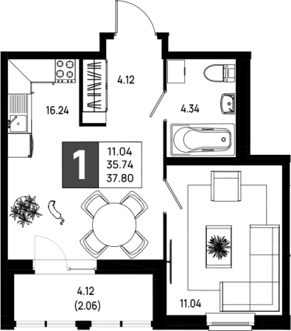 . Вариант № 6642455, 0, площадь - 35.74 квм, цена 4876200 рублей