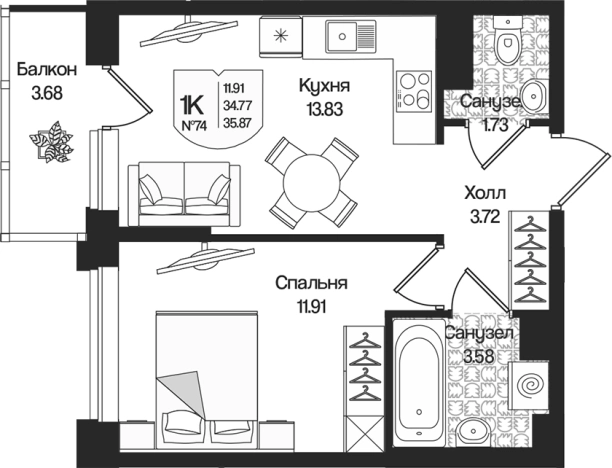 . Вариант № 7261619, 0, площадь - 34.77 квм, цена 7914613 рублей