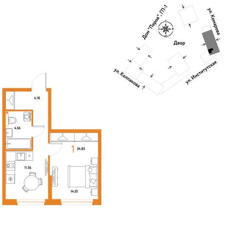. Вариант № 10440421, 0, площадь - 34.85 квм, цена 14760000 рублей