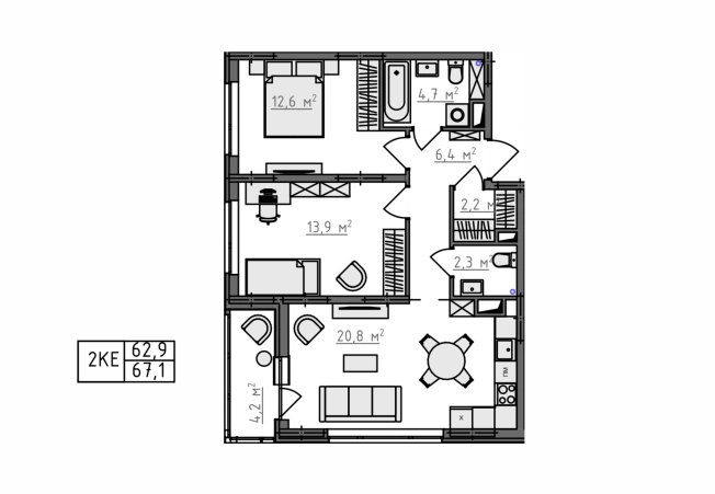 Купить двухкомнатную квартиру в новостройках в ЖК Квартал Новаторов в Владимире. Вариант № 130596, 3, площадь -  квм, цена 7085000 рублей