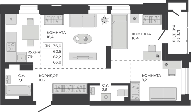 Купить трехкомнатную квартиру на улице Согласия в Новосибирской области. Вариант № 7627665, 0, площадь -  квм, цена 10536680 рублей