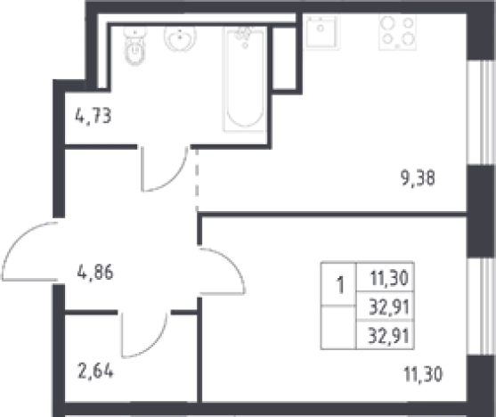 . Вариант № 6708196, 0, площадь - 32.91 квм, цена 4646793 рублей
