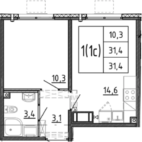 . Вариант № 7604444, 0, площадь - 31.4 квм, цена 6371374 рублей