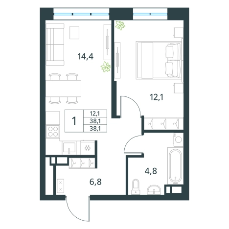. Вариант № 151683, 0, площадь - 38.1 квм, цена 7086600 рублей
