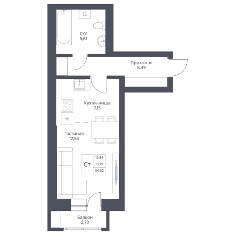 Купить Студию в Новосибирской области. Вариант № 10204346, 0, площадь -  квм, цена 7472000 рублей