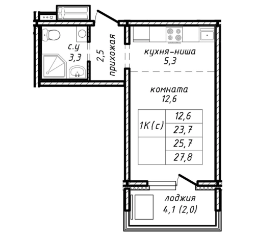 . Вариант № 31436, 1, площадь - 23.7 квм, цена 2770000 рублей
