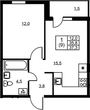 . Вариант № 6609966, 0, площадь - 35.8 квм, цена 4318425 рублей