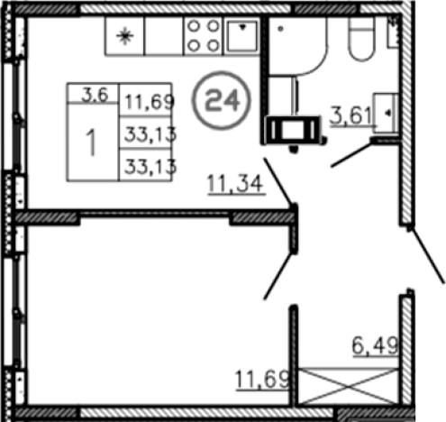 . Вариант № 6227785, 0, площадь - 33.13 квм, цена 3925600 рублей