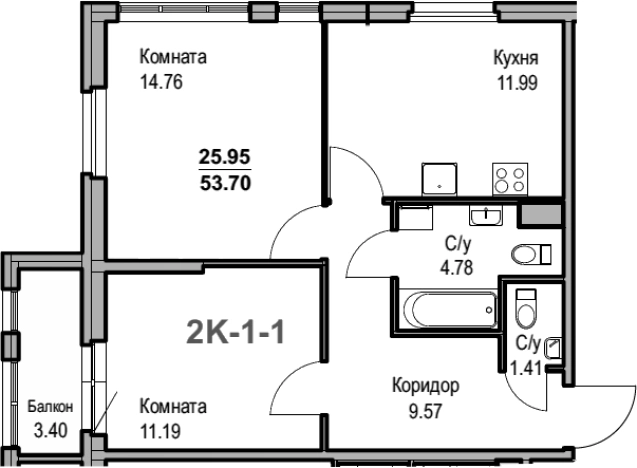 . Вариант № 77378, 0, площадь - 53.7 квм, цена 19269171 рублей