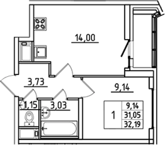 . Вариант № 9639515, 0, площадь - 31.05 квм, цена 8691300 рублей