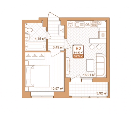 . Вариант № 73660, 1, площадь - 38.74 квм, цена 3874000 рублей