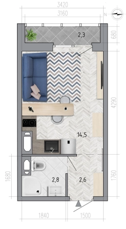 Купить Студию на улице Федора Тютчева в Воронеже. Вариант № 91471, 0, площадь -  квм, цена 2782431 рублей