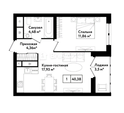 . Вариант № 71221, 1, площадь - 40.38 квм, цена 4488440 рублей