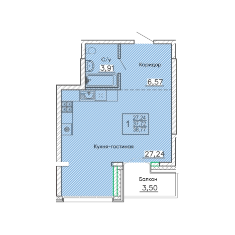 . Вариант № 159886, 0, площадь - 38.77 квм, цена 6590900 рублей