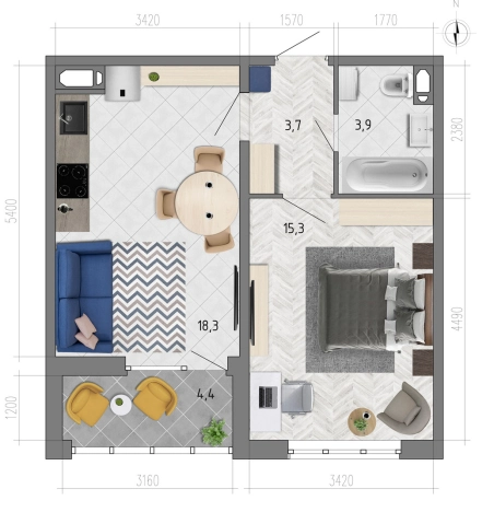 Купить однокомнатную квартиру на улице Федора Тютчева в Воронеже. Вариант № 3021687, 0, площадь -  квм, цена 4682541 рублей