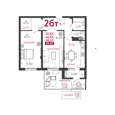 . Вариант № 120275, 0, площадь - 70.47 квм, цена 6553710 рублей