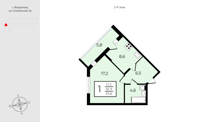 Купить однокомнатную квартиру на улице проезд Лакина в Владимире. Вариант № 948946, 0, площадь - квм, цена 4348150 рублей