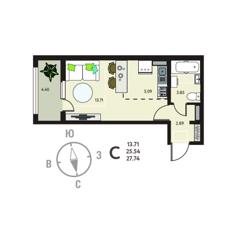 . Вариант № 119419, 0, площадь - 27.74 квм, цена 3106880 рублей