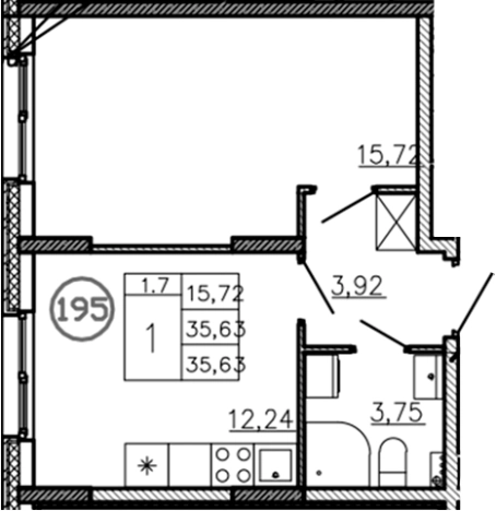 . Вариант № 6227729, 0, площадь - 35.69 квм, цена 4054350 рублей