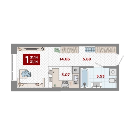 . Вариант № 10270842, 0, площадь - 31.14 квм, цена 7019000 рублей