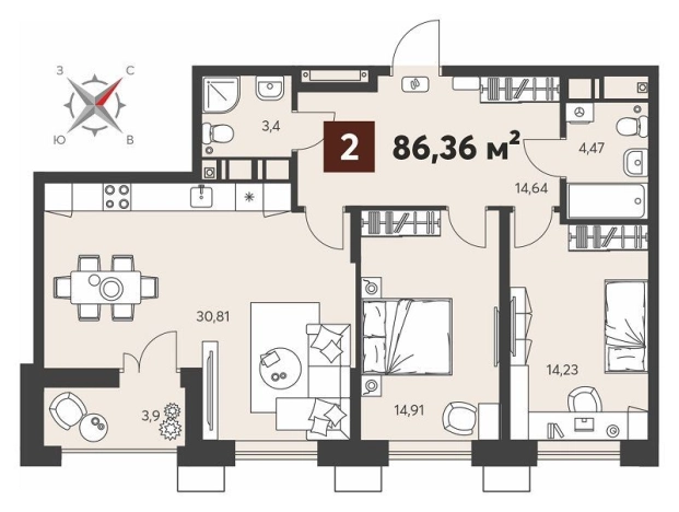 . Вариант № 81479, 0, площадь - 86.36 квм, цена 11649970 рублей