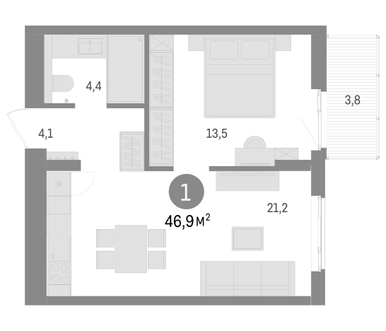 . Вариант № 6245561, 0, площадь - 43.1 квм, цена 7410000 рублей