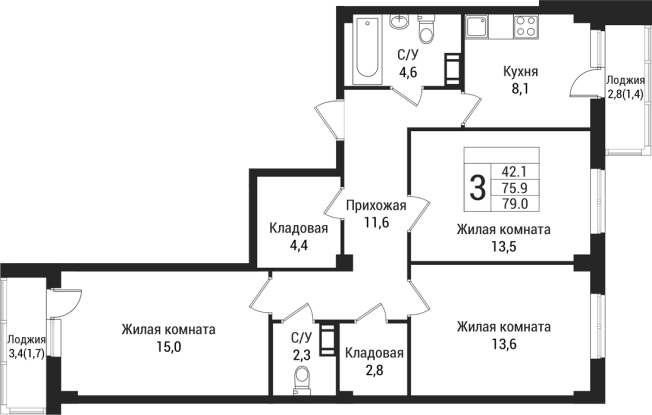 Купить трехкомнатную квартиру у метро Проспект Большевиков в Всеволожске. Вариант № 7832756, 0, площадь -  квм, цена 9895500 рублей