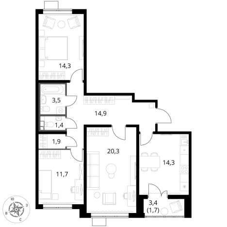 Купить трехкомнатную квартиру в Видном. Вариант № 9802005, 0, площадь -  квм, цена 20957720 рублей