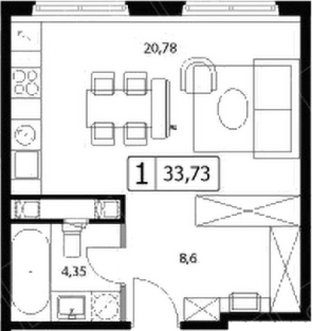 . Вариант № 5832614, 0, площадь - 33.73 квм, цена 7784074 рублей