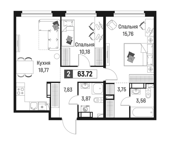 . Вариант № 6867151, 0, площадь - 63.72 квм, цена 11432897 рублей