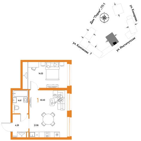 . Вариант № 10440697, 0, площадь - 45.43 квм, цена 18640000 рублей