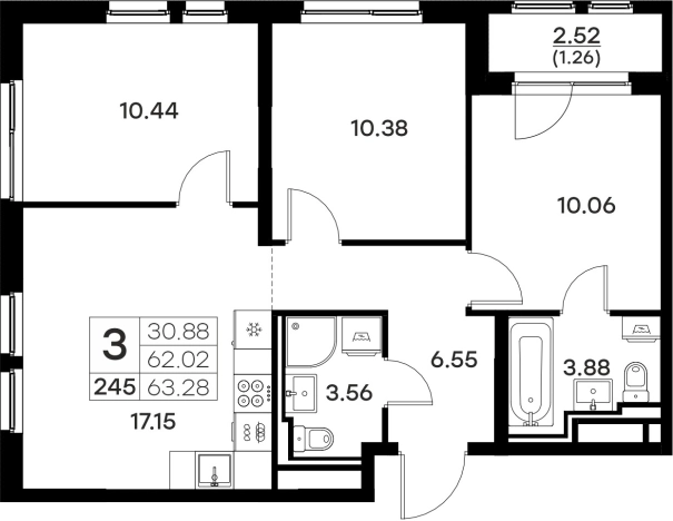 . Вариант № 133969, 1, площадь - 63.28 квм, цена 8569999 рублей