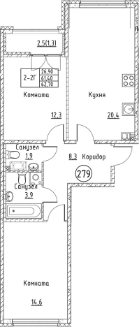 . Вариант № 6829829, 0, площадь - 61.4 квм, цена 11193204 рублей