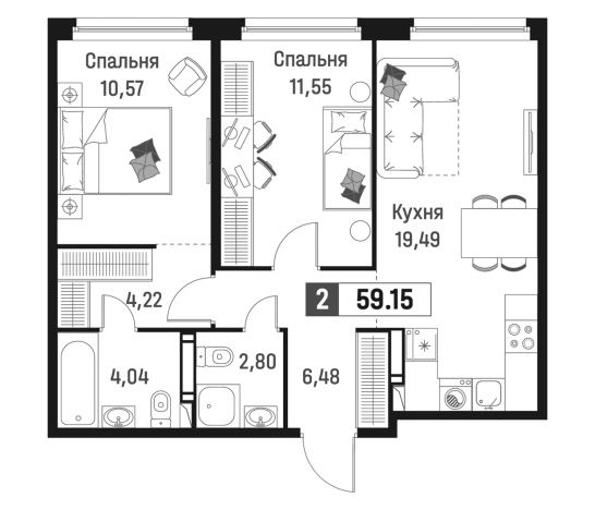 . Вариант № 6867162, 0, площадь - 59.15 квм, цена 11163712 рублей