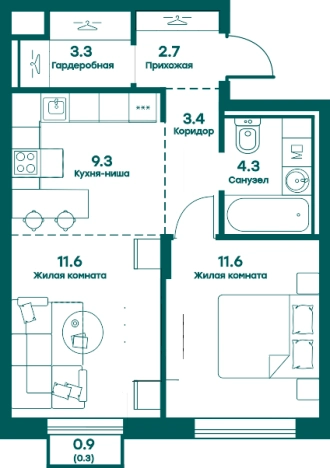 Купить двухкомнатную квартиру в новостройках в Одинцове. Вариант № 144806, 0, площадь -  квм, цена 9607453 рублей