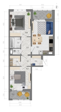 Купить двухкомнатную квартиру на улице Федора Тютчева в Воронеже. Вариант № 153312, 0, площадь -  квм, цена 6977370 рублей