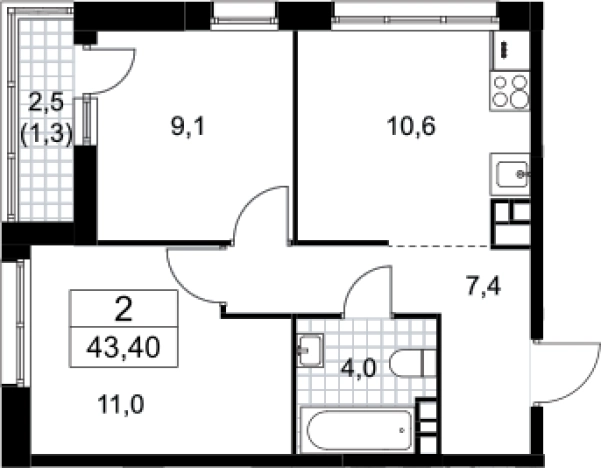 . Вариант № 3952326, 0, площадь - 42.1 квм, цена 8627831 рублей