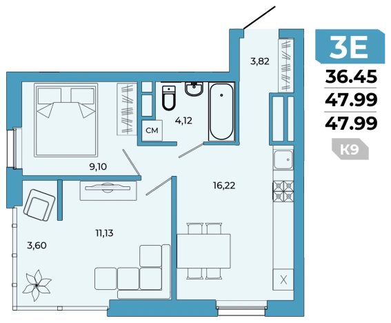 . Вариант № 87875, 0, площадь - 47.99 квм, цена 7160108 рублей