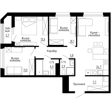 Купить трехкомнатную квартиру в ЖК "7Я" в Владивостоке. Вариант № 9768207, 0, площадь -  квм, цена 19617600 рублей