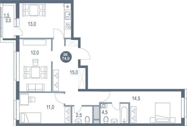 . Вариант № 8891945, 0, площадь - 74 квм, цена 12809916 рублей
