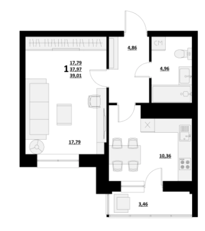 . Вариант № 55615, 1, площадь - 39.1 квм, цена 5658000 рублей