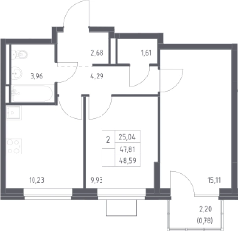. Вариант № 2640597, 0, площадь - 48.59 квм, цена 9370447 рублей