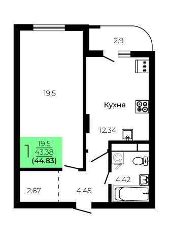. Вариант № 165247, 0, площадь - 44.83 квм, цена 6500350 рублей